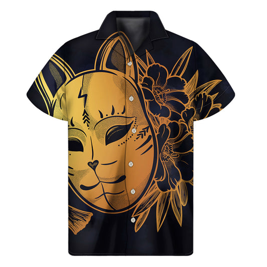 Japanese Fox Mask Print Hawaiian Short Sleeve Shirt - 1