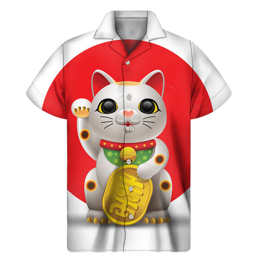 Hawaiian Lucky Cat Maneki Neko Printed Short Sleeve Shirt - 1