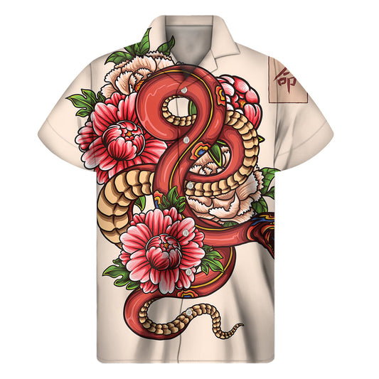 Hawaiian Snake Tattoo Print Short Sleeve Shirt for Men - 1