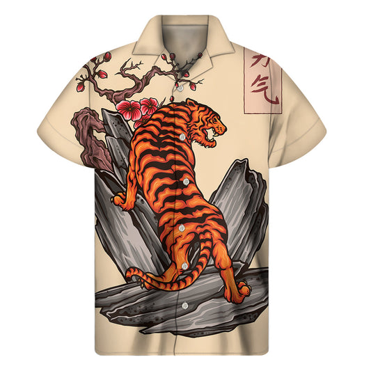 Tropical Vibes: Japanese Tiger Tattoo Print Hawaiian Short Sleeve Shirt - 1