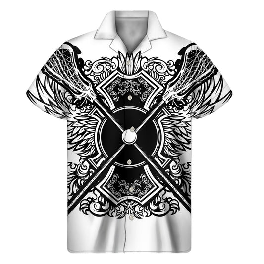 Hawaiian Vibes Lacrosse Sticks and Ornate Wing Print Men's Short Sleeve Shirt - 1