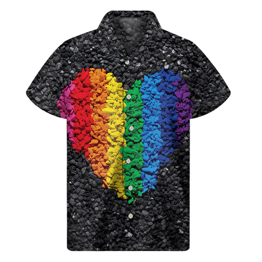 Hawaiian Pride: Rainbow Heart Stones Print Men's Short Sleeve Shirt - 1
