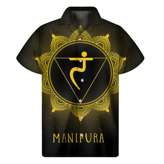 Sunset Vibes: Hawaiian Short Sleeve Shirt with Manipura Chakra Symbol - 1