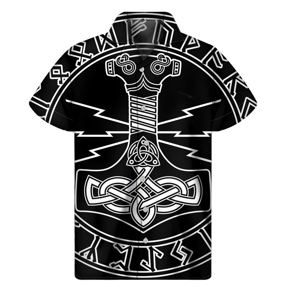 Hawaiian Paradise: Mjolnir and Younger Futhark Print Men's Short Sleeve Shirt - 1