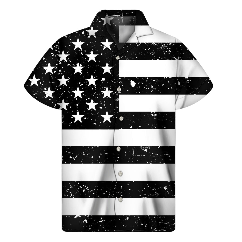 Island Breeze Aloha Shirt: Monochrome Grunge American Flag Print - 1