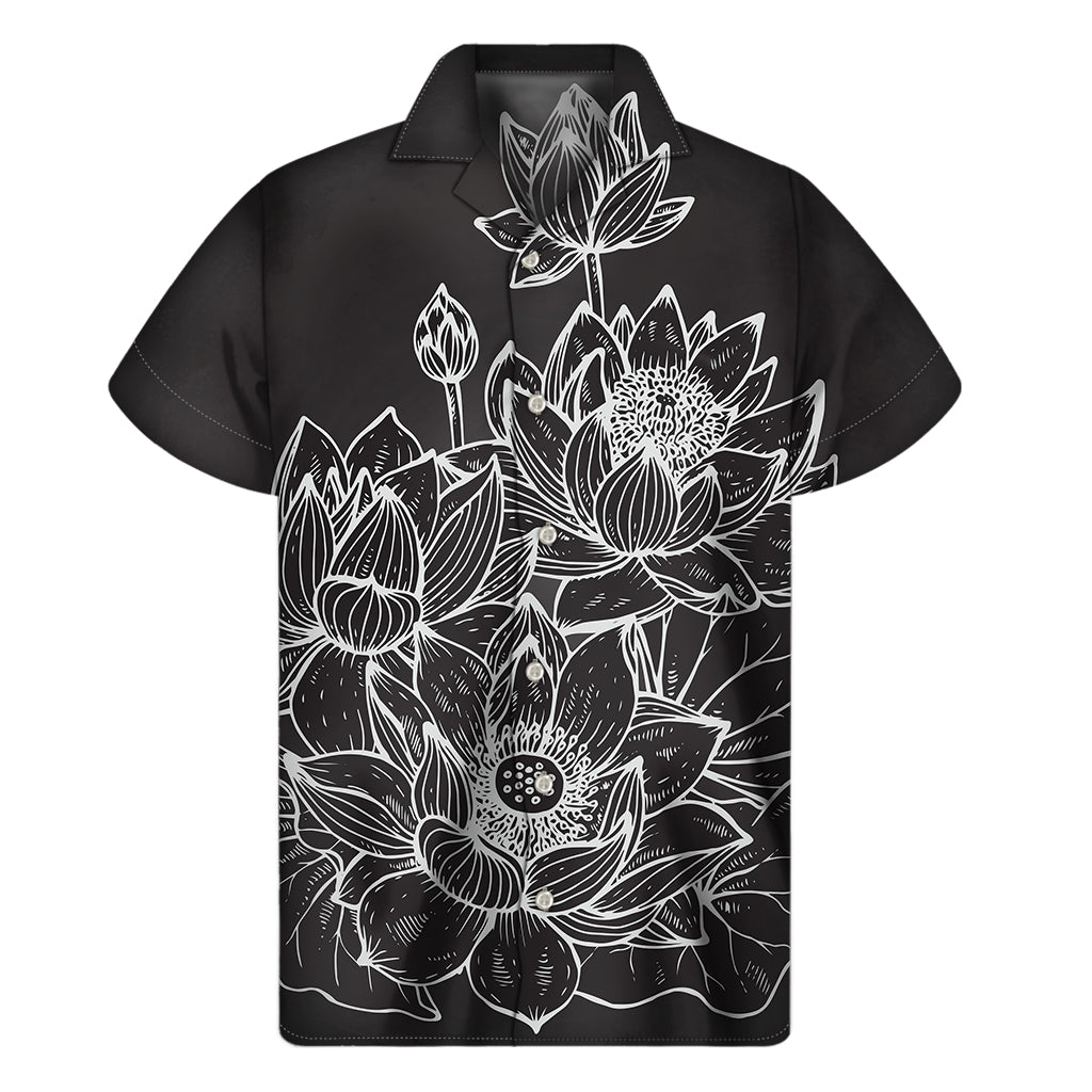Monochrome Lotus Print Hawaiian Style Short Sleeve Shirt - 1