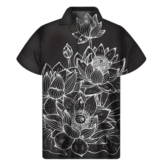 Monochrome Lotus Print Hawaiian Style Short Sleeve Shirt - 1