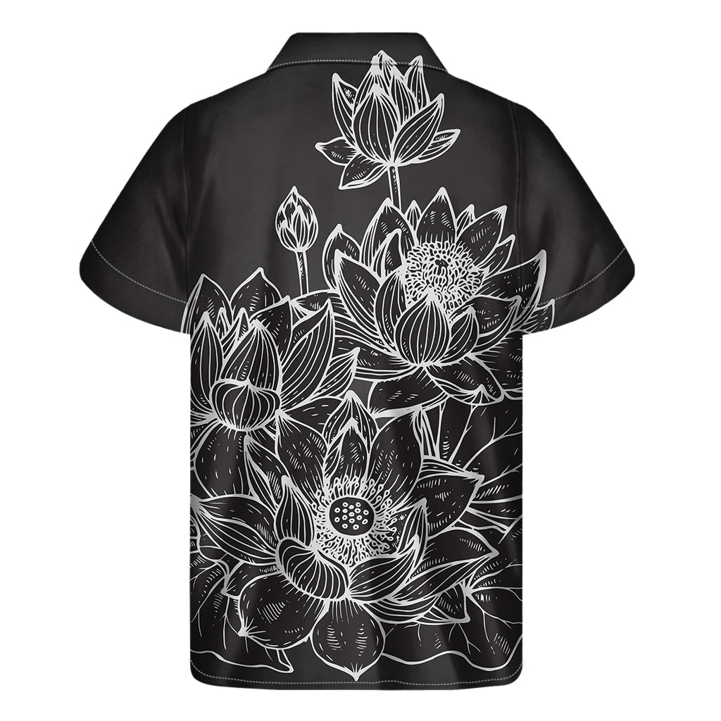 Monochrome Lotus Print Hawaiian Style Short Sleeve Shirt - 2