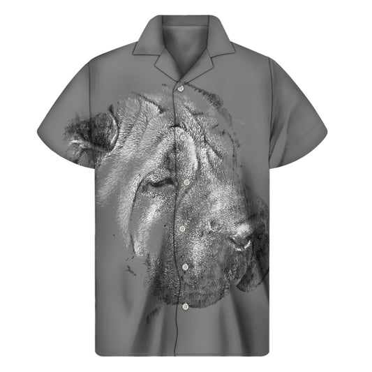 Monochrome Shar-Pei Print Hawaiian Short Sleeve Shirt - 1