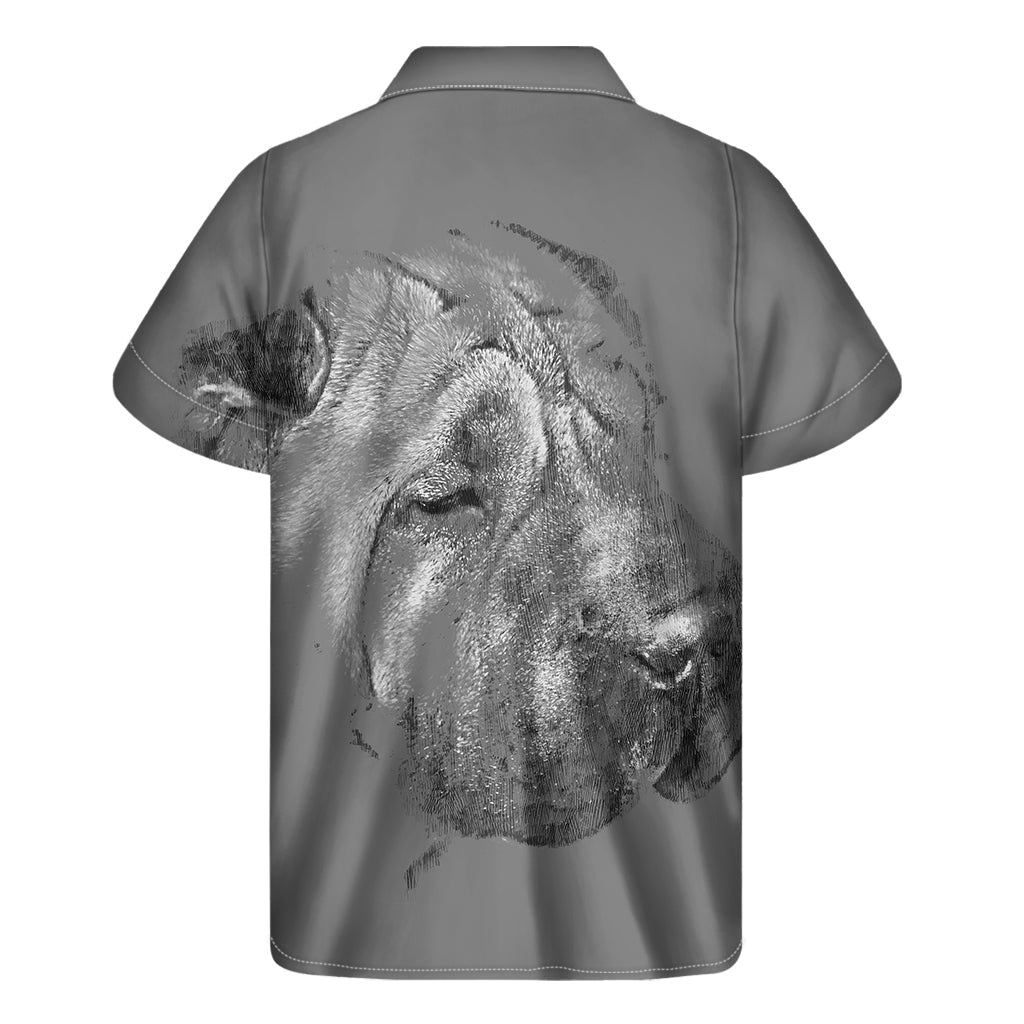 Monochrome Shar-Pei Print Hawaiian Short Sleeve Shirt - 2