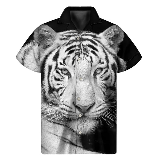 Monochrome White Bengal Tiger Hawaiian Short Sleeve Shirt - 1