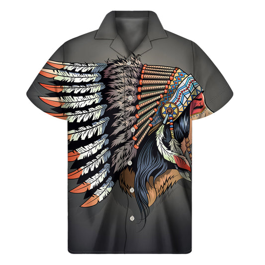 Tropical Vibes: Men's Hawaiian Short Sleeve Shirt with Native American Indian Girl Print - 1
