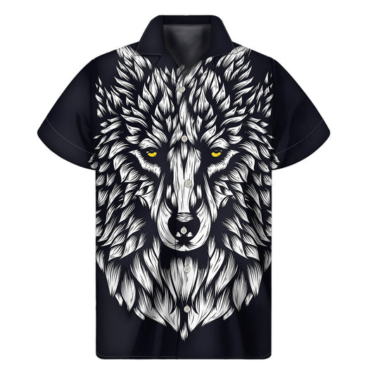 Navy and White Wolf Print Hawaiian Style Short Sleeve Shirt - 1
