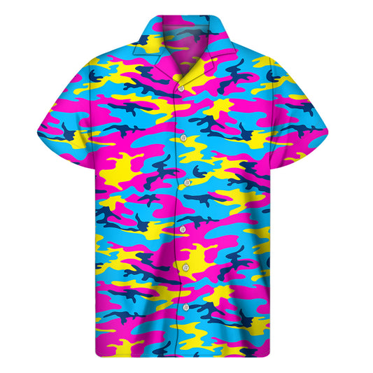 Tropical Vibes: Neon Camouflage Hawaiian Short Sleeve Shirt - 1