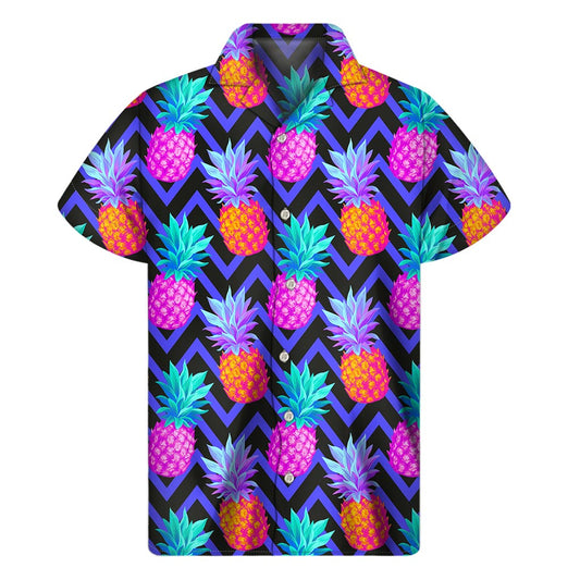 Neon Zig-Zag Hawaiian Pineapple Print Short Sleeve Shirt - 1