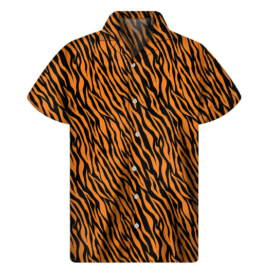 Orange and Black Tiger Stripe Hawaiian Print Short Sleeve Shirt - 1