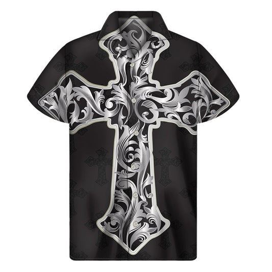 Tropical Island Dreams: Men's Ornamental Silver Cross Hawaiian Shirt - 1