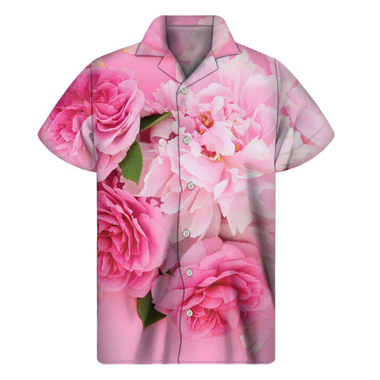 Tropical Paradise: Men's Hawaiian Short Sleeve Shirt with Peony and Rose Print - 1