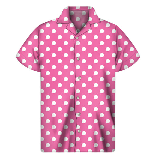 Pink and White Polka Dot Hawaiian Style Short Sleeve Shirt - 1