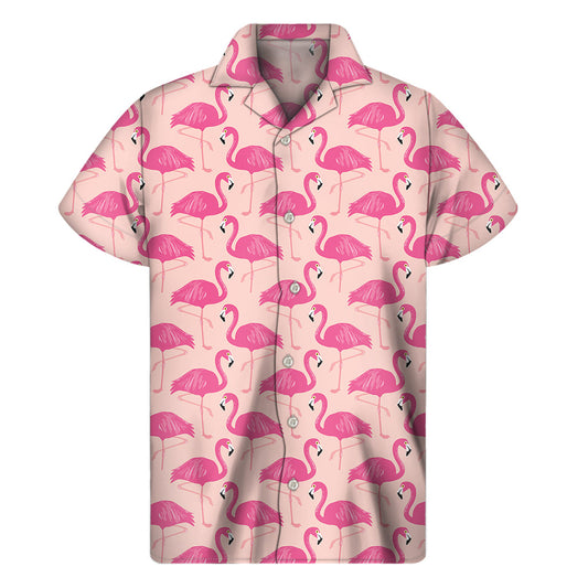 Paradise in Pink: Men's Hawaiian Short Sleeve Shirt with Flamingo Pattern - 1