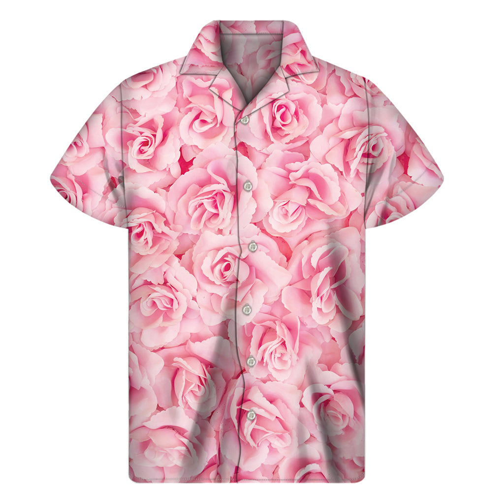 Pink Rose Print Hawaiian Short Sleeve Shirt for Men - 1