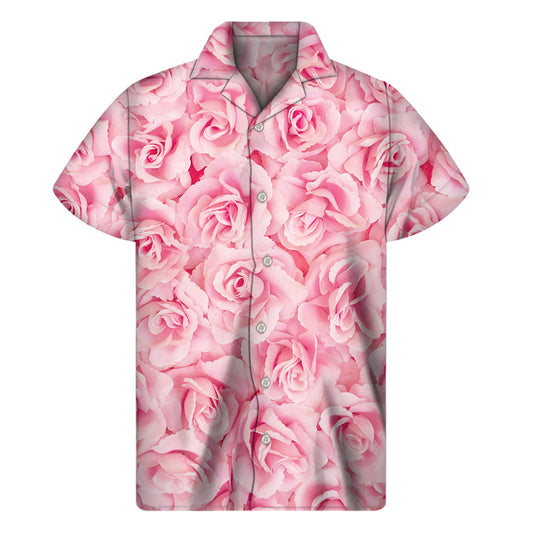 Pink Rose Print Hawaiian Short Sleeve Shirt for Men - 1