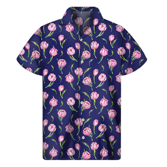Tropical Vibes: Pink Watercolor Tulip Hawaiian Short Sleeve Shirt - 1