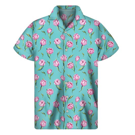 Pink Watercolor Tulip Pattern Hawaiian Short Sleeve Shirt - 1