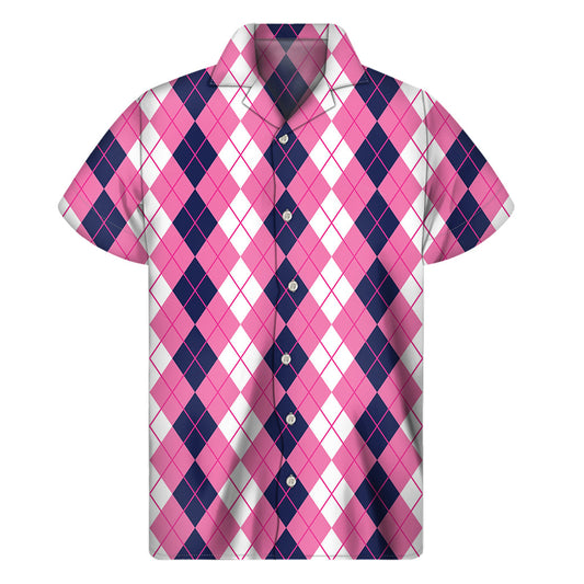 Pink, White, and Blue Hawaiian Bliss: Men's Short Sleeve Shirt with Argyle Pattern - 1