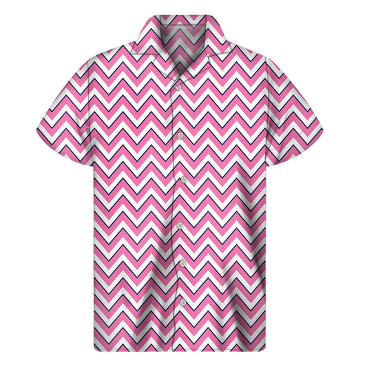 Pink, White, and Navy Chevron Print Hawaiian Short Sleeve Shirt - 1
