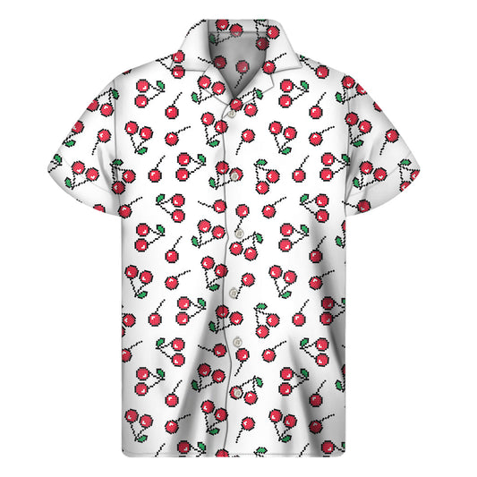 Tropical Vibes: Pixel Cherry Pattern Hawaiian Short Sleeve Shirt - 1