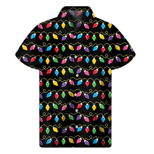 Island Vibes: Hawaiian Short Sleeve Shirt with Pixel Christmas Lights Print - 1
