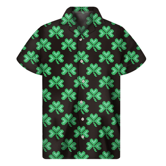 Island Vibe: Men's Hawaiian Short Sleeve Shirt with Pixel Clover St. Patrick's Day Print - 1