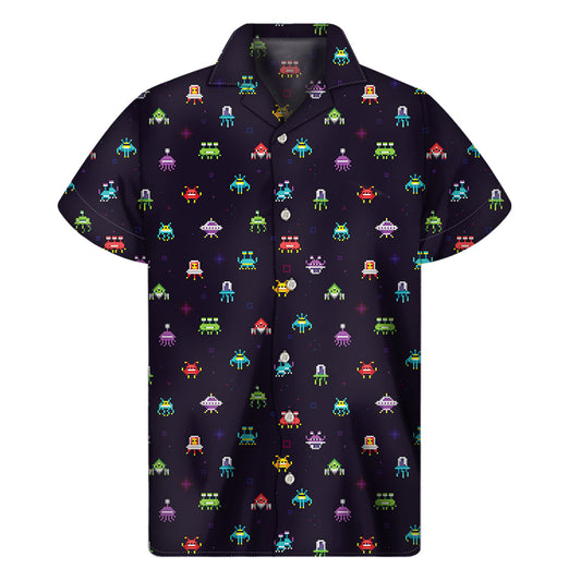 Galactic Aloha: Men's Hawaiian Shirt with Pixel UFO Aliens Pattern - 1