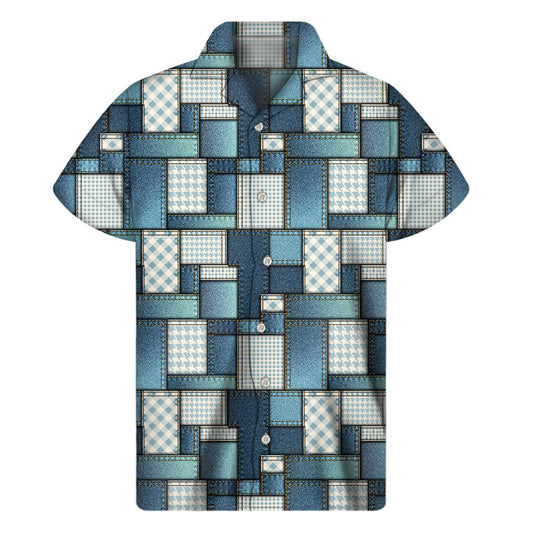 Tropical Vibes Plaid and Denim Patchwork Hawaiian Short Sleeve Shirt - 1