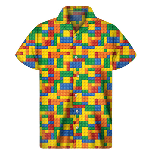 Island Vibes: Men's Hawaiian Short Sleeve Shirt with Plastic Building Blocks Pattern - 1