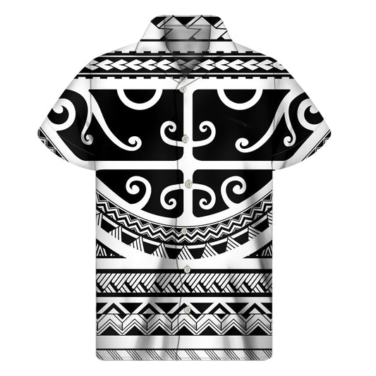 Polynesian Tribal Tattoo Print Hawaiian Short Sleeve Shirt - 1