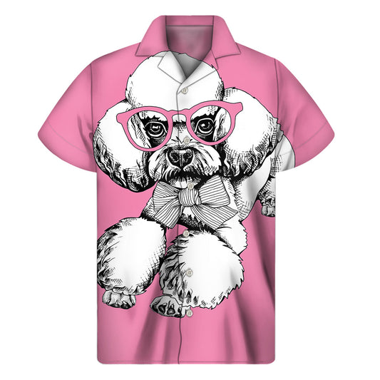 Fun in the Sun: Hawaiian Poodle with Glasses Print Short Sleeve Shirt - 1