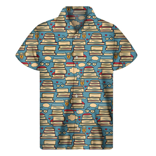 Vintage Hawaiian Vibes: Men's Pop Art Books Pattern Short Sleeve Shirt - 1