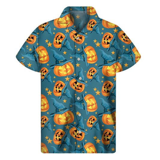 Pumpkin with Witch Hat Hawaiian Style Short Sleeve Shirt - 1