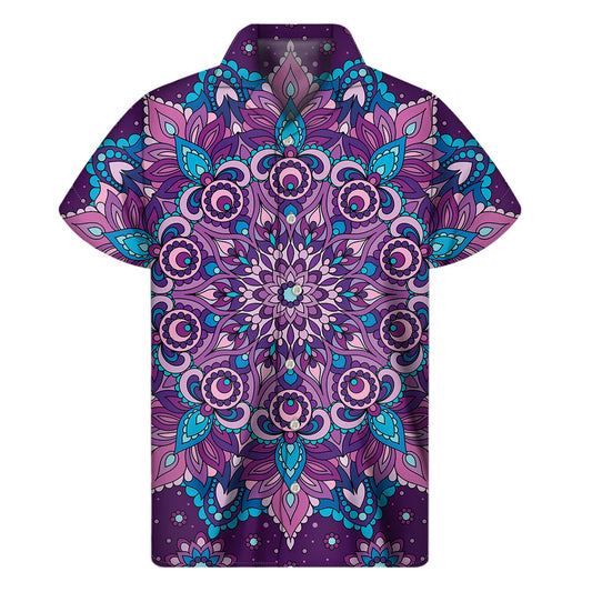 Hawaiian Mandala Print Short Sleeve Shirt in Purple and Blue - 1