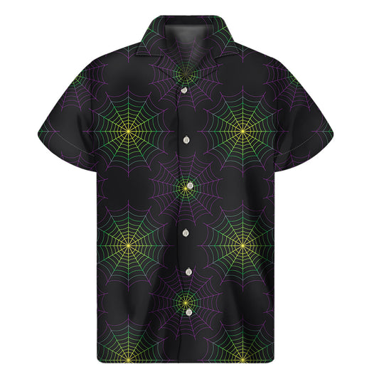 Tropical Vibes: Purple and Green Spider Web Print Hawaiian Short Sleeve Shirt - 1