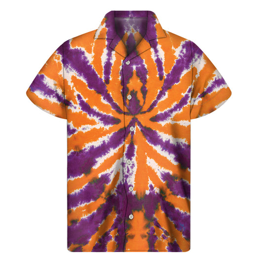 Tropical vibes: Purple and Orange Spider Tie-Dye Hawaiian Short Sleeve Shirt - 1