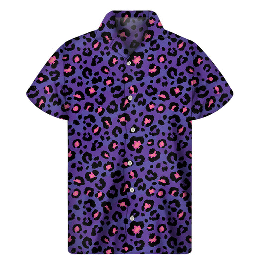 Vibrant Hawaiian Vibes: Purple and Pink Leopard Print Short Sleeve Shirt - 1