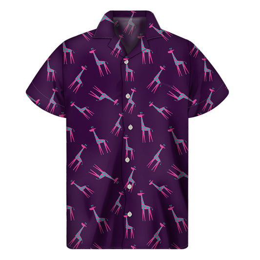 Tropical Vibes: Purple and Teal Giraffe Pattern Hawaiian Short Sleeve Shirt - 1