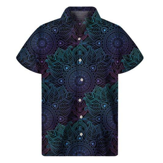 Island Radiance: Purple and Teal Mandala Print Hawaiian Short Sleeve Shirt - 1