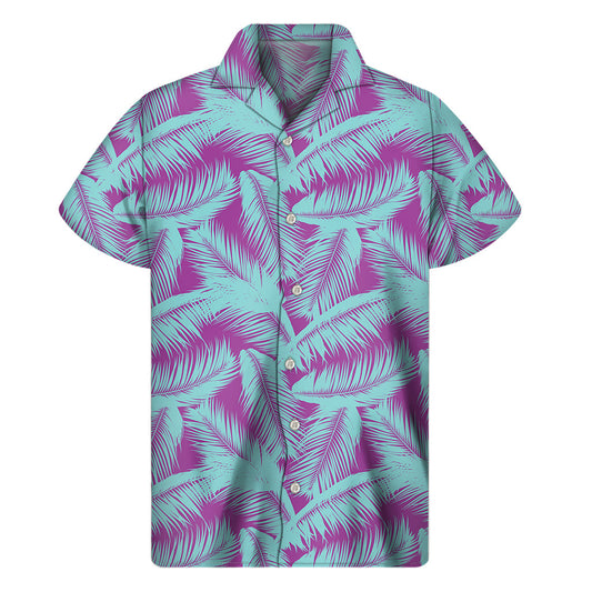 Ultimate Hawaiian Vibes: Purple and Teal Tropical Leaf Print Men's Short Sleeve Shirt - 1