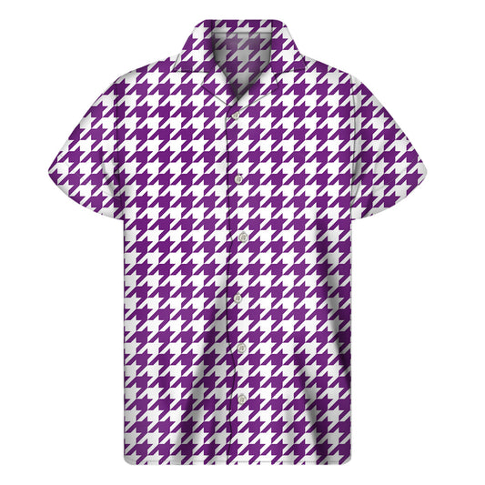 Island Chic: Purple and White Houndstooth Hawaiian Short Sleeve Shirt - 1