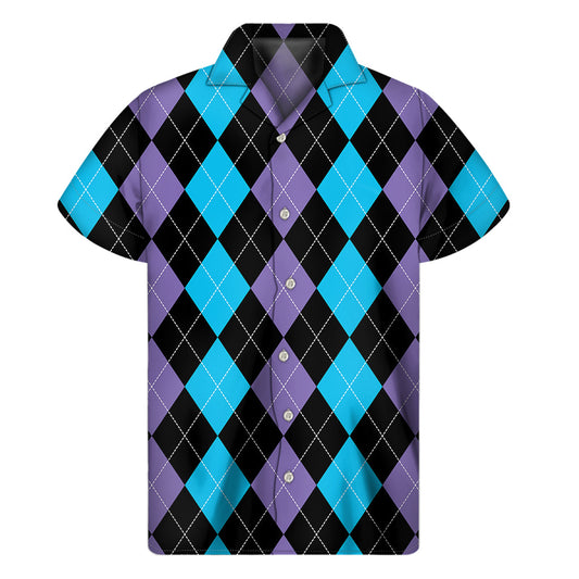 Purple, Black, and Blue Argyle Print Hawaiian Style Short Sleeve Shirt - 1