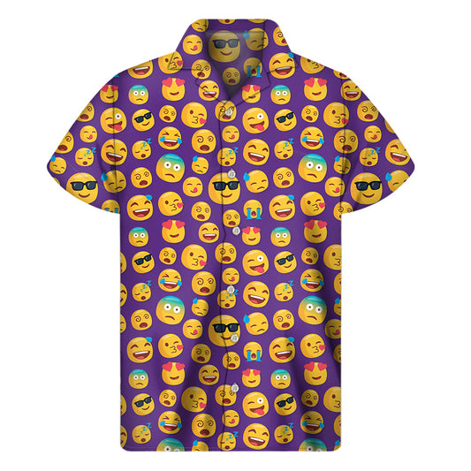 Purple Emoji Pattern Printed Hawaiian Short Sleeve Shirt - 1